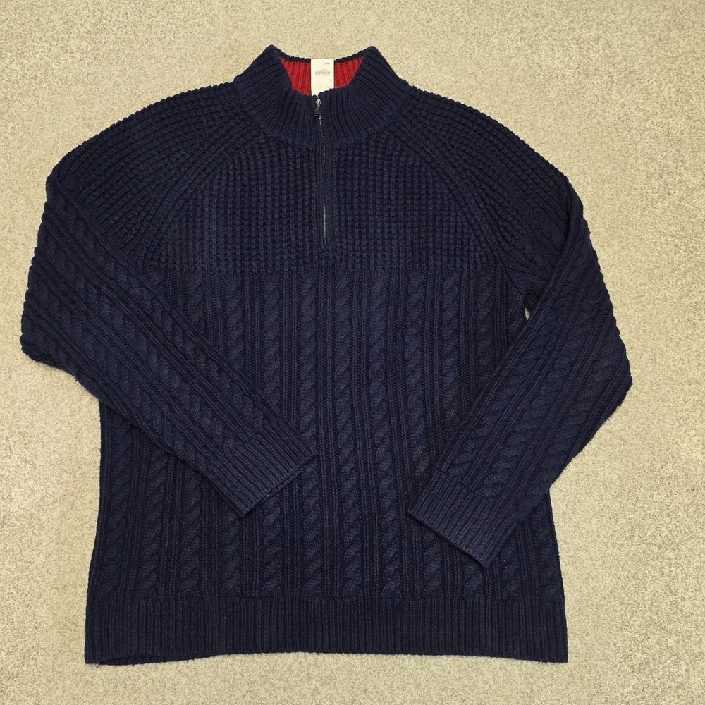 Mens L Brooks Brothers Blue Wool Cable Knit Sweater 1/4 Zip Fisherman Old Money